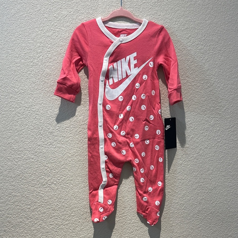Nike Pink Footed One-Piece with White Logo Size 6M